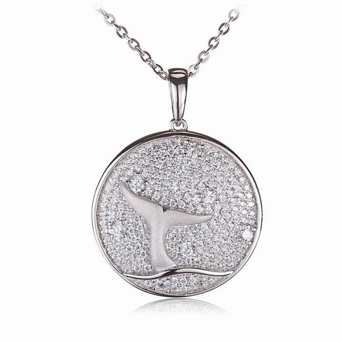 Sterling Silver Whale Tail in Circle Pave CZ Pendant (Chain Sold Separately)