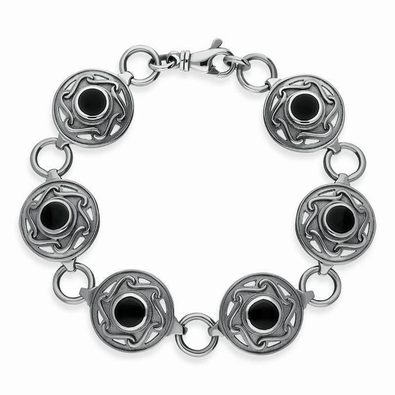 Sterling Silver Whitby Jet 6 Stone Celtic Curl Bracelet