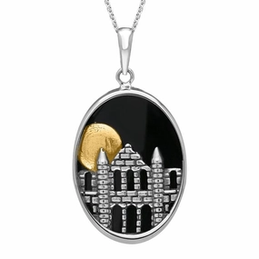 Sterling Silver Whitby Jet Abbey Moon Gold Plated Oval Necklace