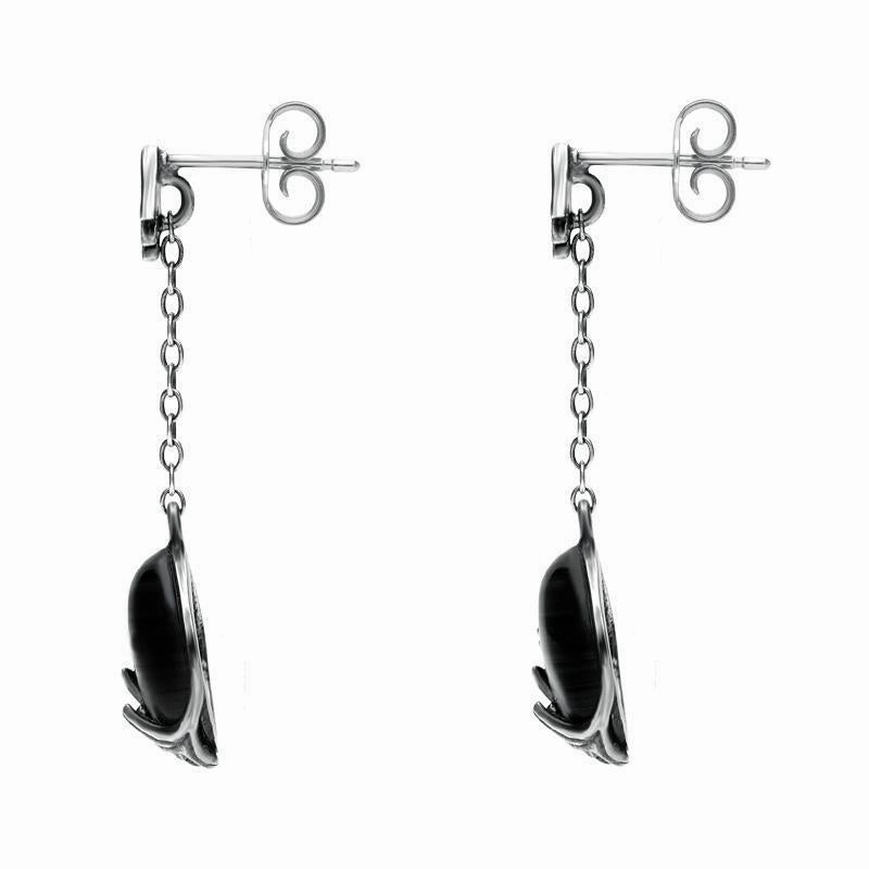 Sterling Silver Whitby Jet Acanthus Leaf Round Chain Drop Earrings