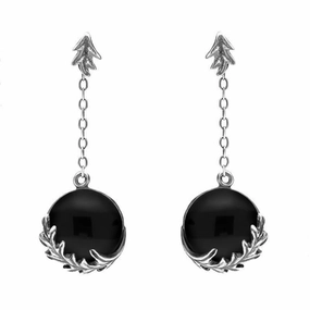 Sterling Silver Whitby Jet Acanthus Leaf Round Chain Drop Earrings