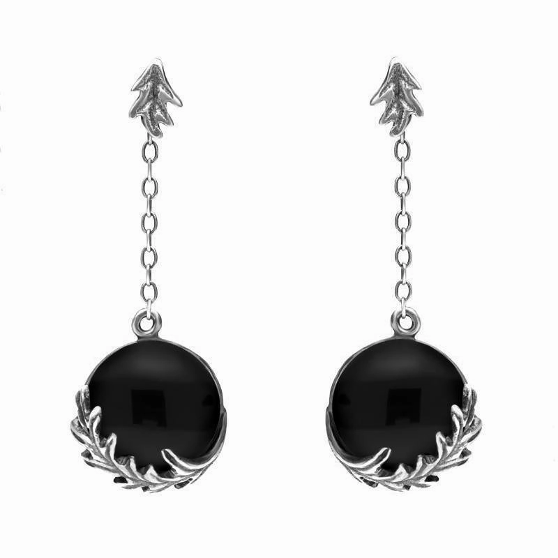Sterling Silver Whitby Jet Acanthus Leaf Round Chain Drop Earrings