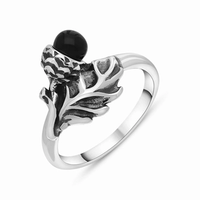 Sterling Silver Whitby Jet Acorn Leaf Ring