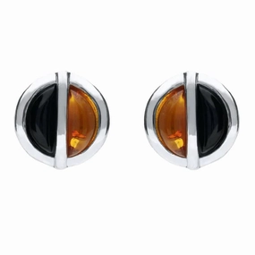 Sterling Silver Whitby Jet Amber Double Stone Stud Earrings