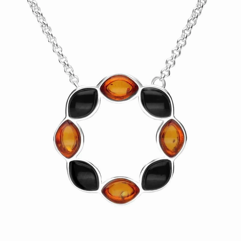 Sterling Silver Whitby Jet Amber Eight Stone Marquise Circle Necklace