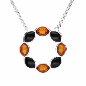 Sterling Silver Whitby Jet Amber Eight Stone Marquise Circle Necklace