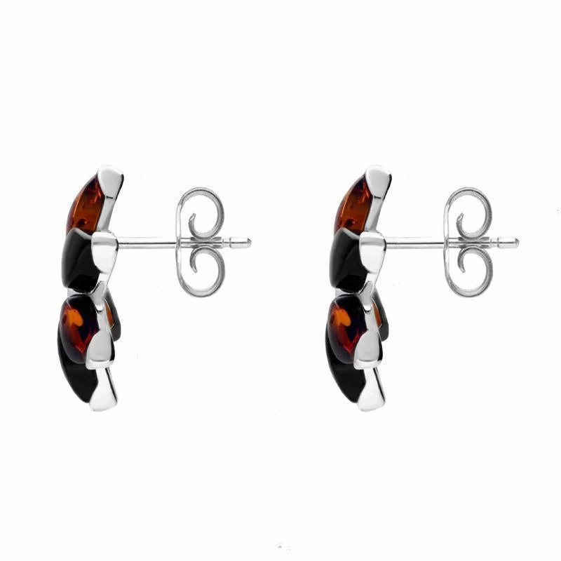 Sterling Silver Whitby Jet Amber Flower Stud Earrings