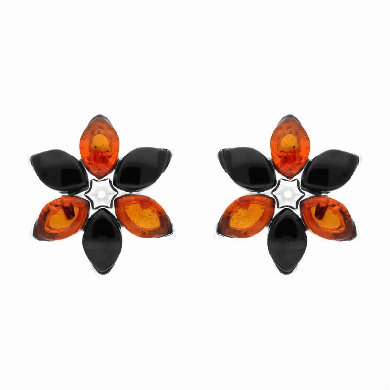 Sterling Silver Whitby Jet Amber Flower Stud Earrings