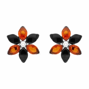 Sterling Silver Whitby Jet Amber Flower Stud Earrings