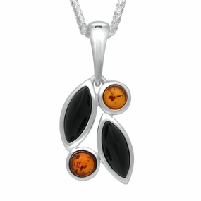 Sterling Silver Whitby Jet Amber Four Stone Leaf Necklace