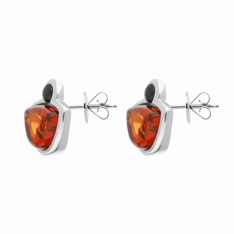 Sterling Silver Whitby Jet Amber Half Moon Round Stud Earrings