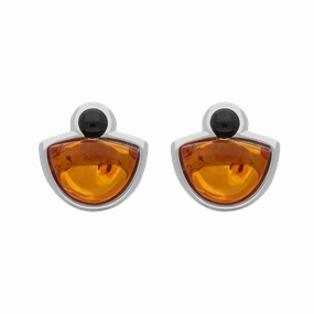 Sterling Silver Whitby Jet Amber Half Moon Round Stud Earrings