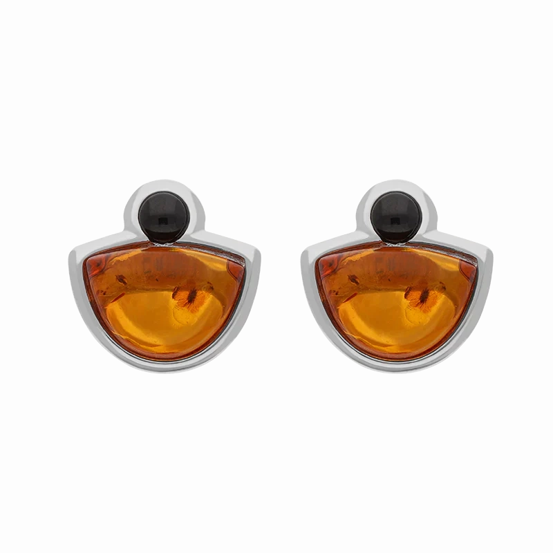Sterling Silver Whitby Jet Amber Half Moon Round Stud Earrings