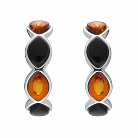Sterling Silver Whitby Jet Amber Marquise Four Stone Curved Stud Earrings
