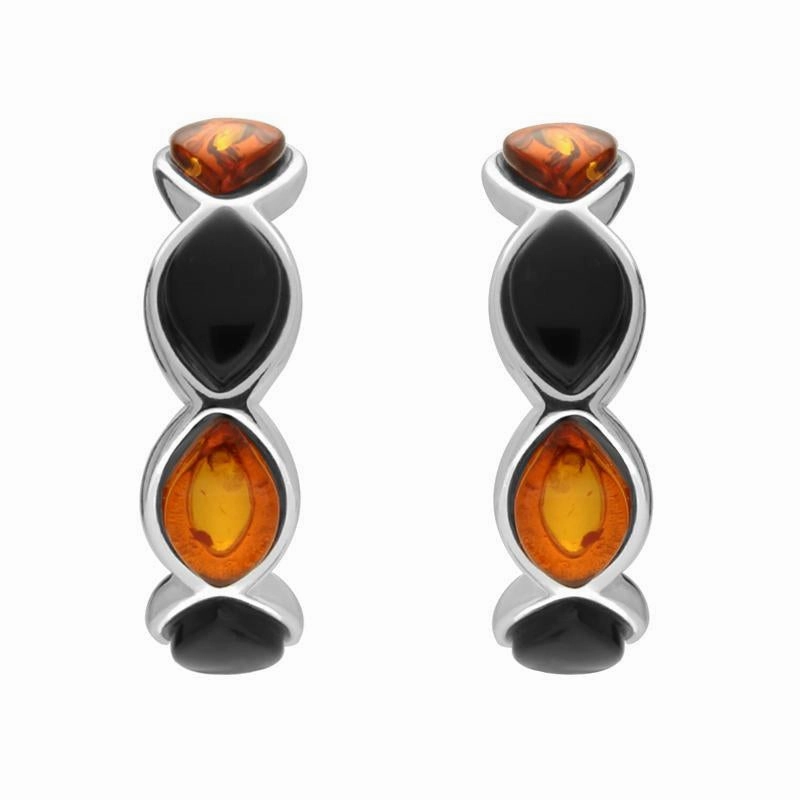 Sterling Silver Whitby Jet Amber Marquise Four Stone Curved Stud Earrings