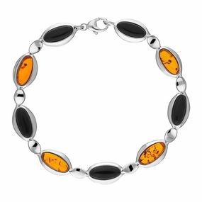 Sterling Silver Whitby Jet Amber Nine Stone Long Oval Bracelet