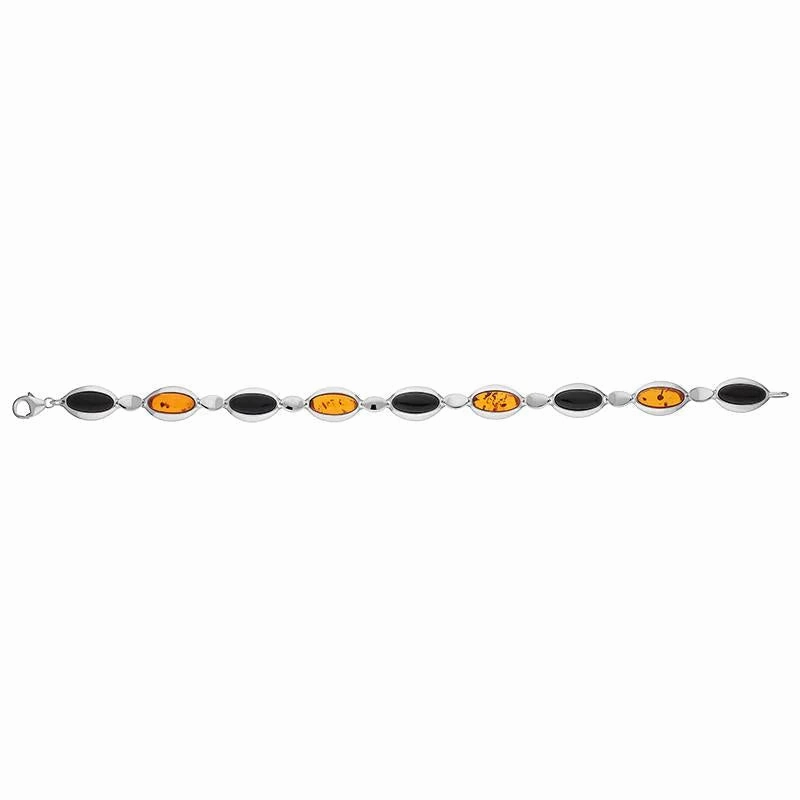 Sterling Silver Whitby Jet Amber Nine Stone Long Oval Bracelet
