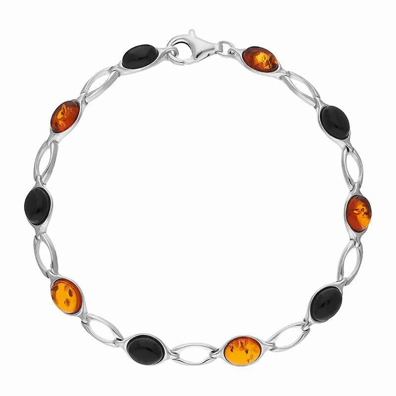 Sterling Silver Whitby Jet Amber Ten Stone Oval Bracelet