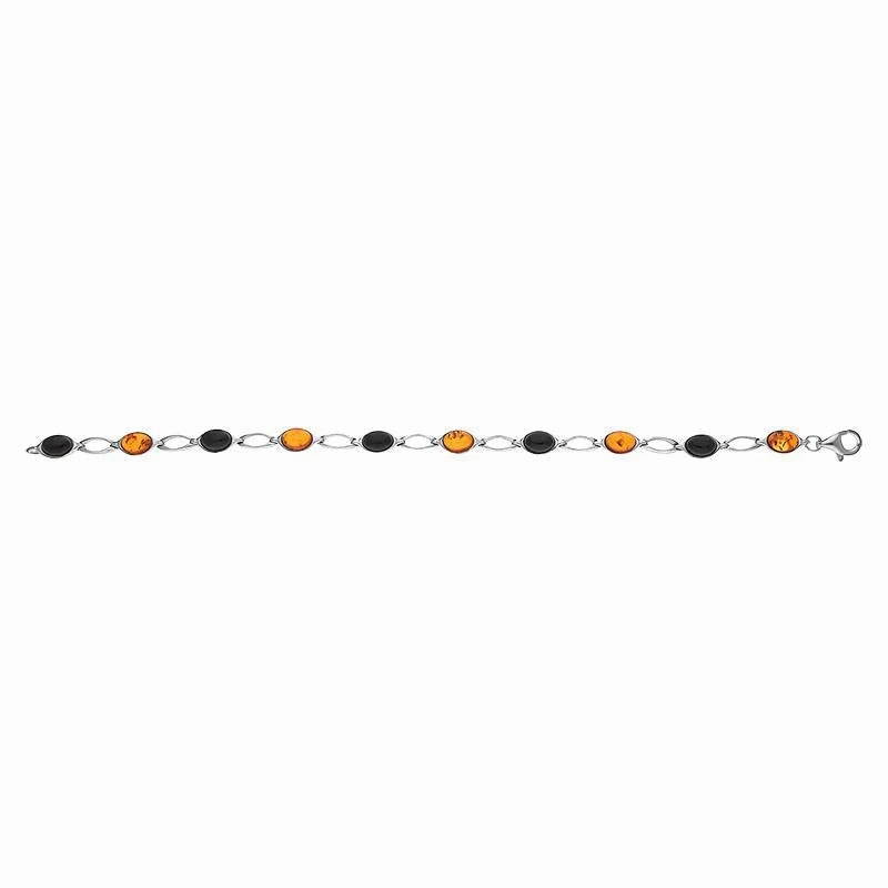 Sterling Silver Whitby Jet Amber Ten Stone Oval Bracelet