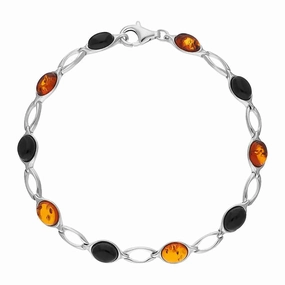 Sterling Silver Whitby Jet Amber Ten Stone Oval Bracelet