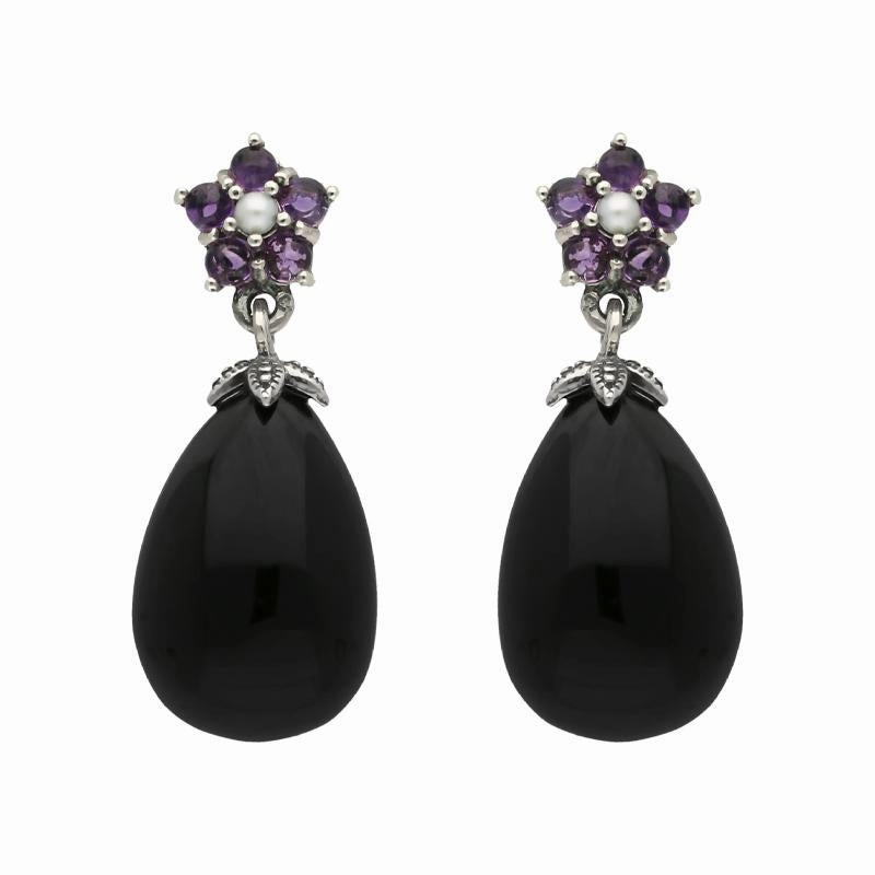 Sterling Silver Whitby Jet Amethyst Pearl Flower Drop Earrings