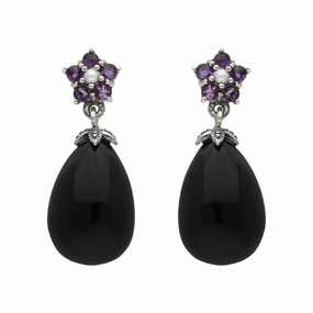 Sterling Silver Whitby Jet Amethyst Pearl Flower Drop Earrings