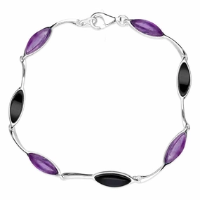 Sterling Silver Whitby Jet Amethyst Seven Stone Leaf Bracelet