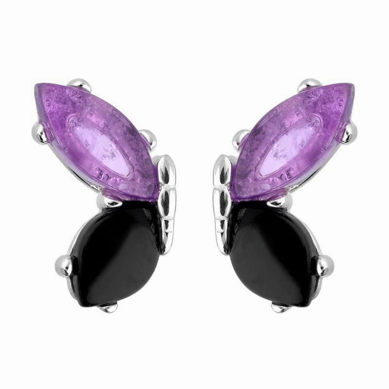 Sterling Silver Whitby Jet Amethyst Two Stone Butterfly Stud Earrings