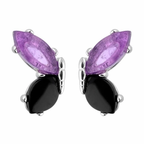 Sterling Silver Whitby Jet Amethyst Two Stone Butterfly Stud Earrings