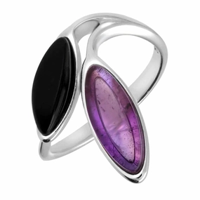 Sterling Silver Whitby Jet Amethyst Two Stone Leaf Ring