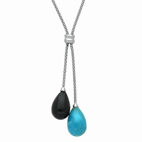 Sterling Silver Whitby Jet & Turquoise Two Stone Drop Necklace D