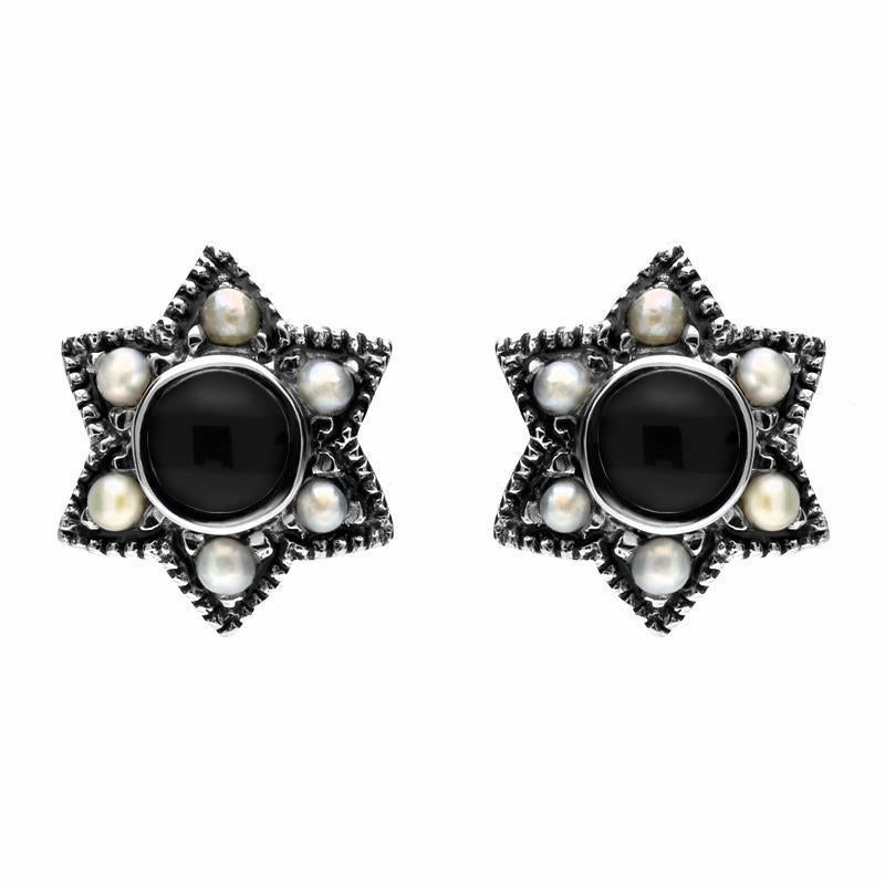 Sterling Silver Whitby Jet and Pearl Six Point Star Stud Earrings D