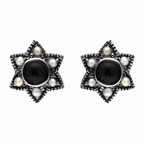 Sterling Silver Whitby Jet and Pearl Six Point Star Stud Earrings D