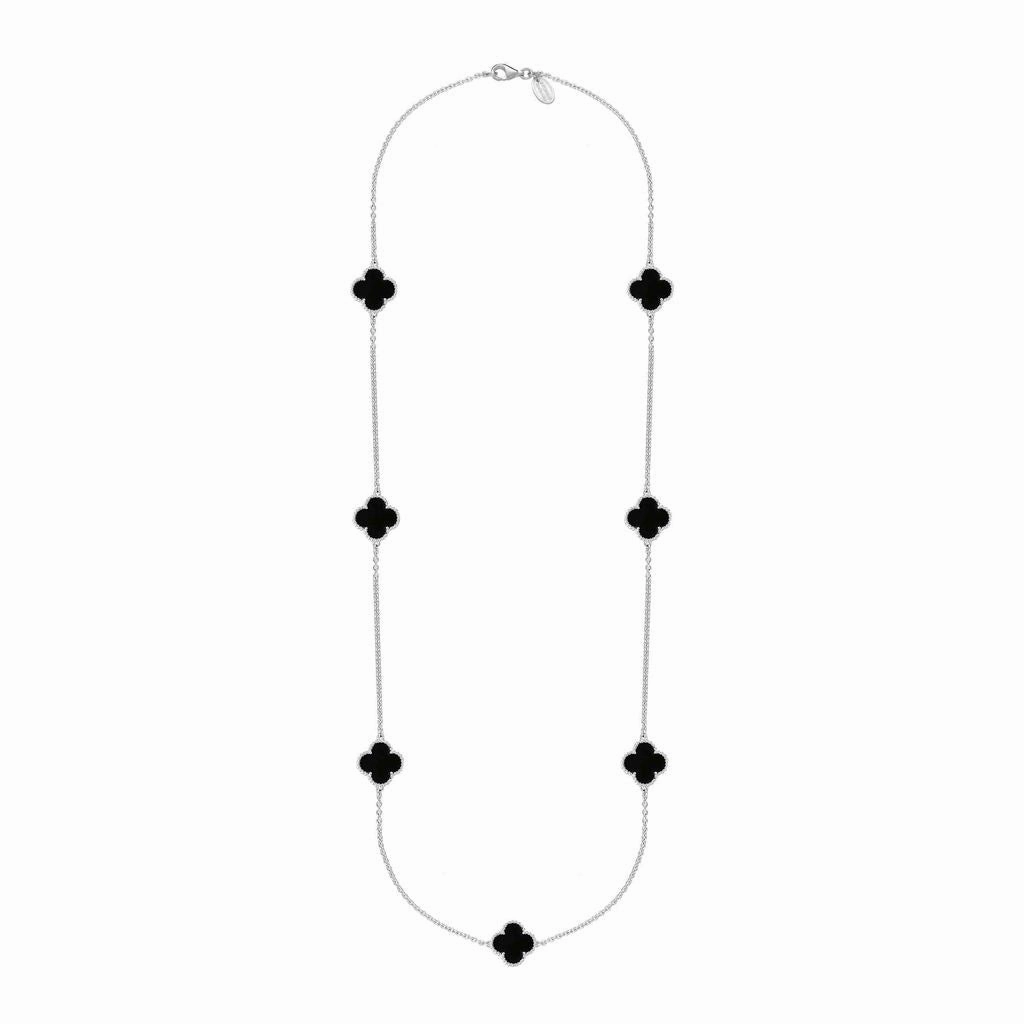 Sterling Silver Whitby Jet Bloom Four Leaf Clover Ball Edge Long Necklace