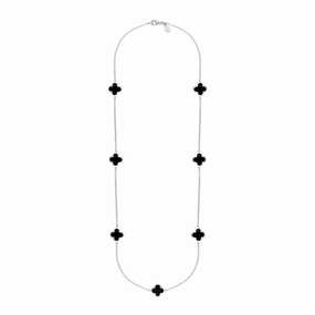 Sterling Silver Whitby Jet Bloom Four Leaf Clover Long Necklace