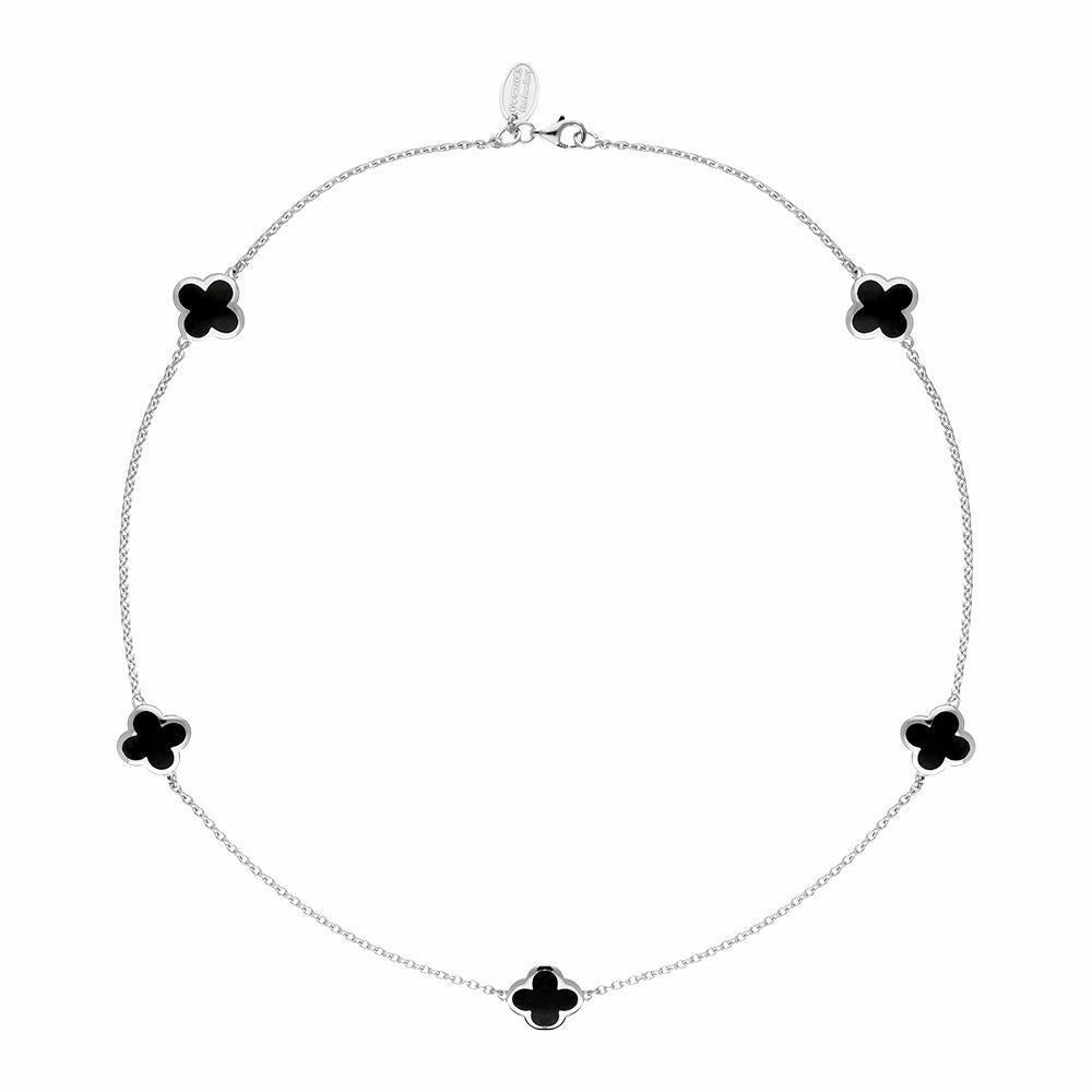 Sterling Silver Whitby Jet Bloom Four Leaf Clover Necklace