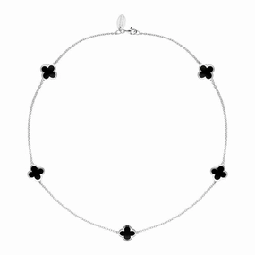 Sterling Silver Whitby Jet Bloom Four Leaf Clover Necklace