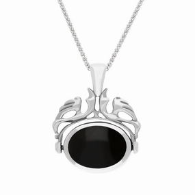 Sterling Silver Whitby Jet Blue John Double Sided Oval Swivel Fob Necklace