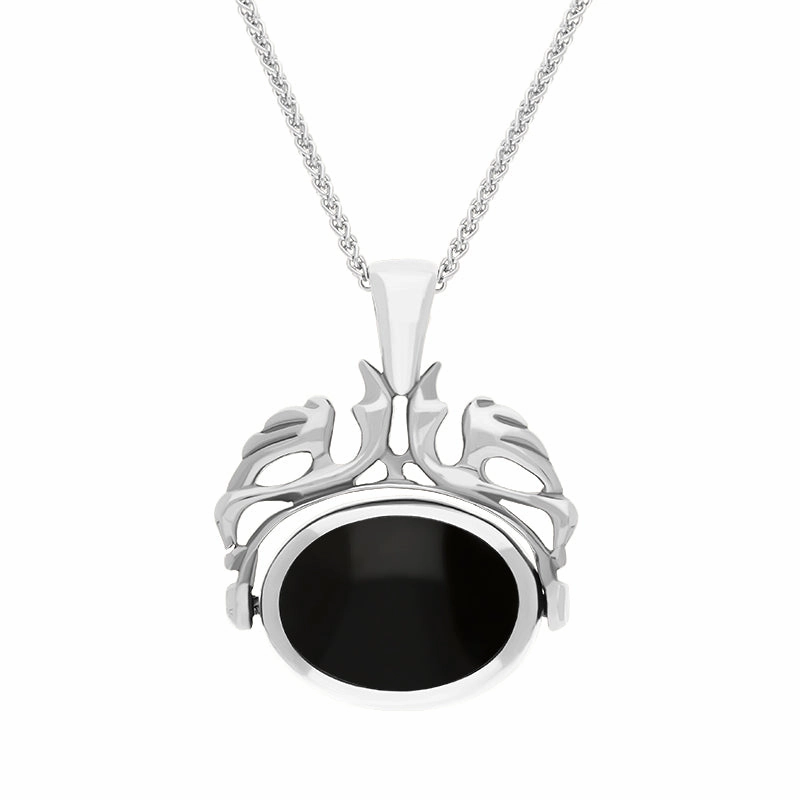 Sterling Silver Whitby Jet Blue John Double Sided Oval Swivel Fob Necklace