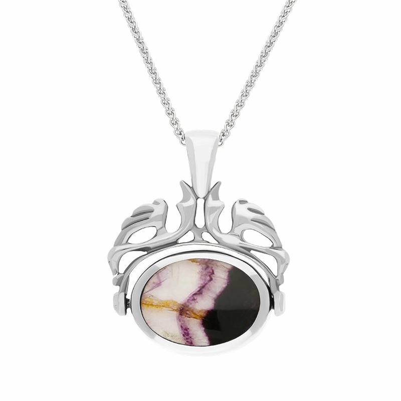Sterling Silver Whitby Jet Blue John Double Sided Oval Swivel Fob Necklace