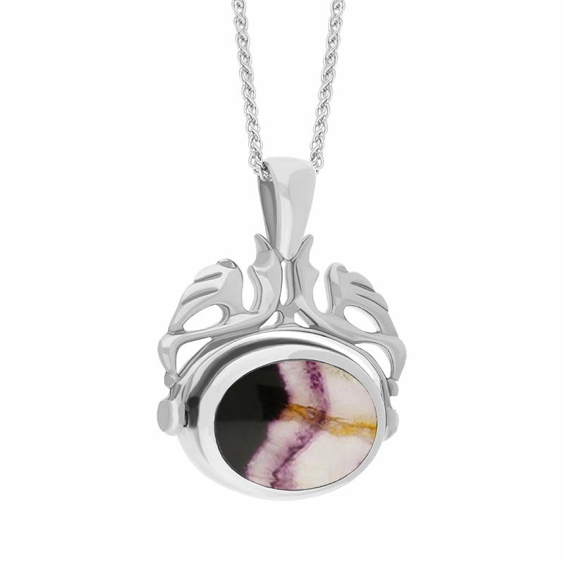 Sterling Silver Whitby Jet Blue John Double Sided Oval Swivel Fob Necklace