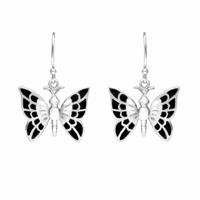 Sterling Silver Whitby Jet Butterfly Drop Earrings