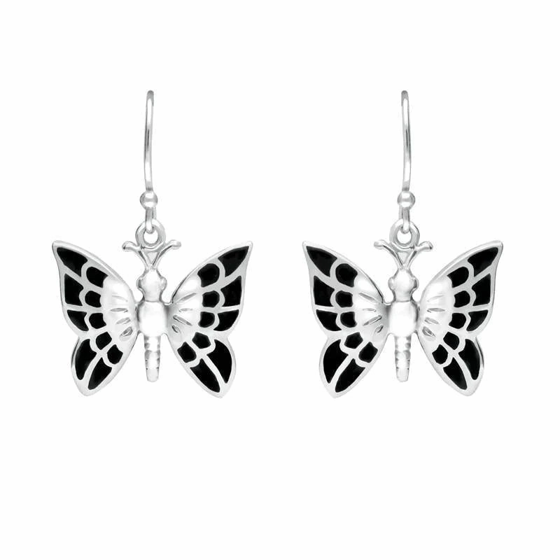 Sterling Silver Whitby Jet Butterfly Drop Earrings