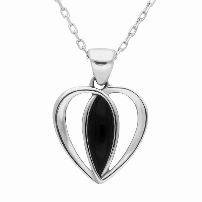 Sterling Silver Whitby Jet Centre Stone Heart Two Piece Set