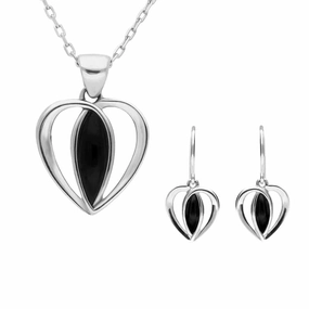 Sterling Silver Whitby Jet Centre Stone Heart Two Piece Set