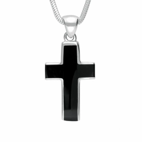 Sterling Silver Whitby Jet Channel Set Cross Necklace