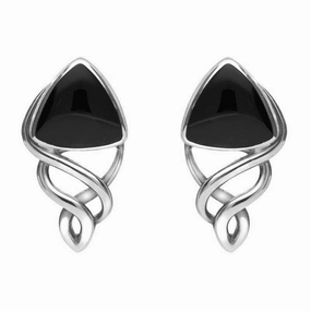 Sterling Silver Whitby Jet Curve Triangle Celtic Stud Earrings