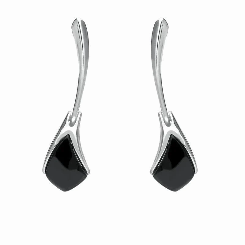 Sterling Silver Whitby Jet Curved Tapered Drop Earrings