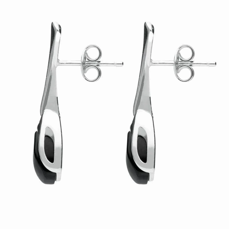Sterling Silver Whitby Jet Curved Tapered Drop Earrings