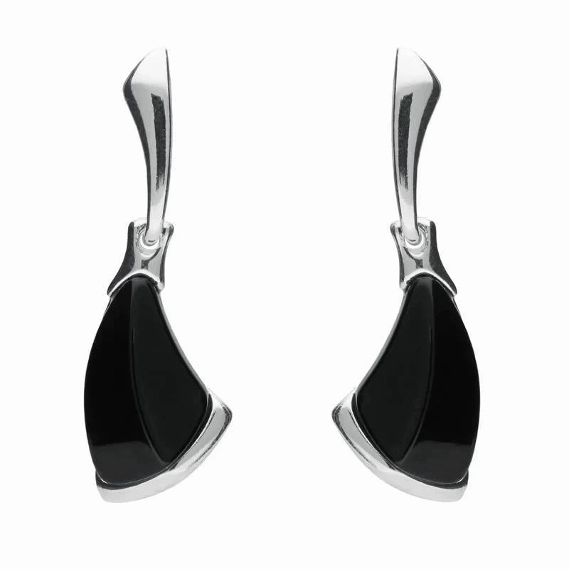 Sterling Silver Whitby Jet Curved Triangle Drop Earrings